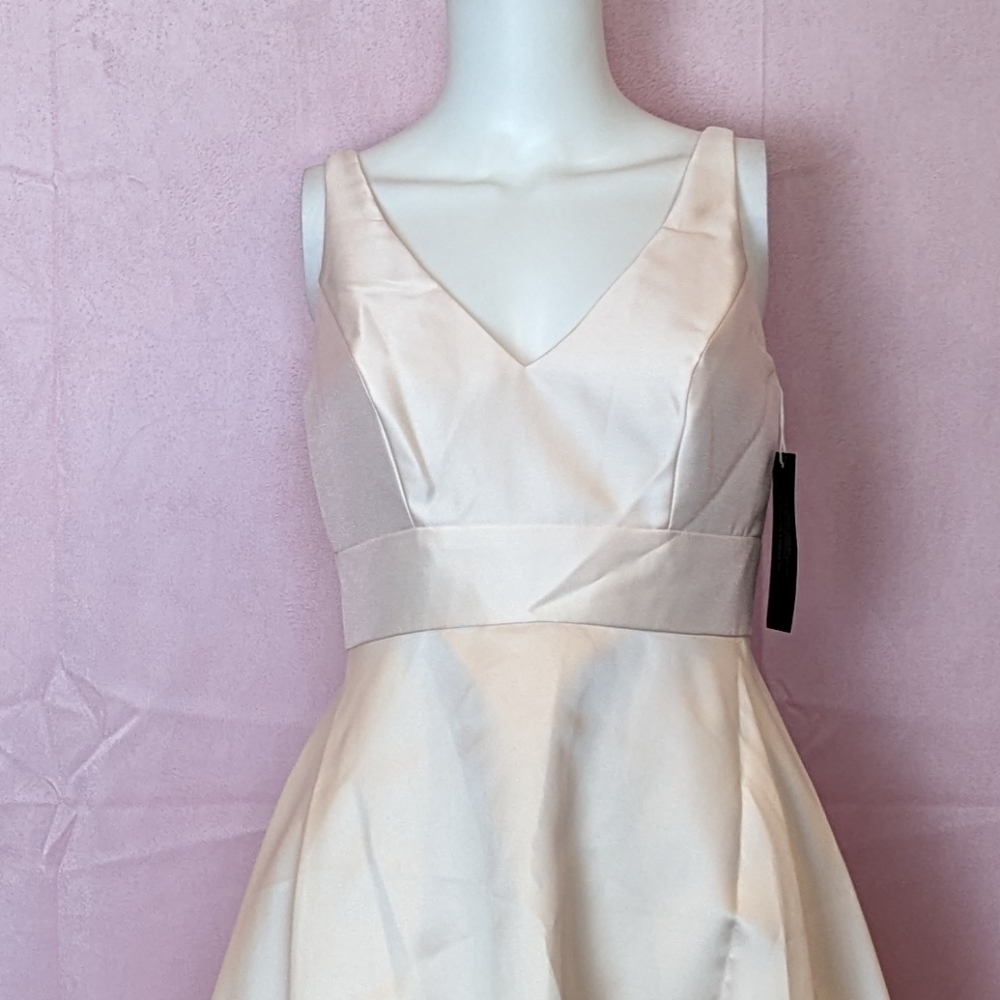 Alfred Sung Sateen Twill V Neck Hi Low Bridesmaid Dress in Blush Pink - Picture 2 of 9